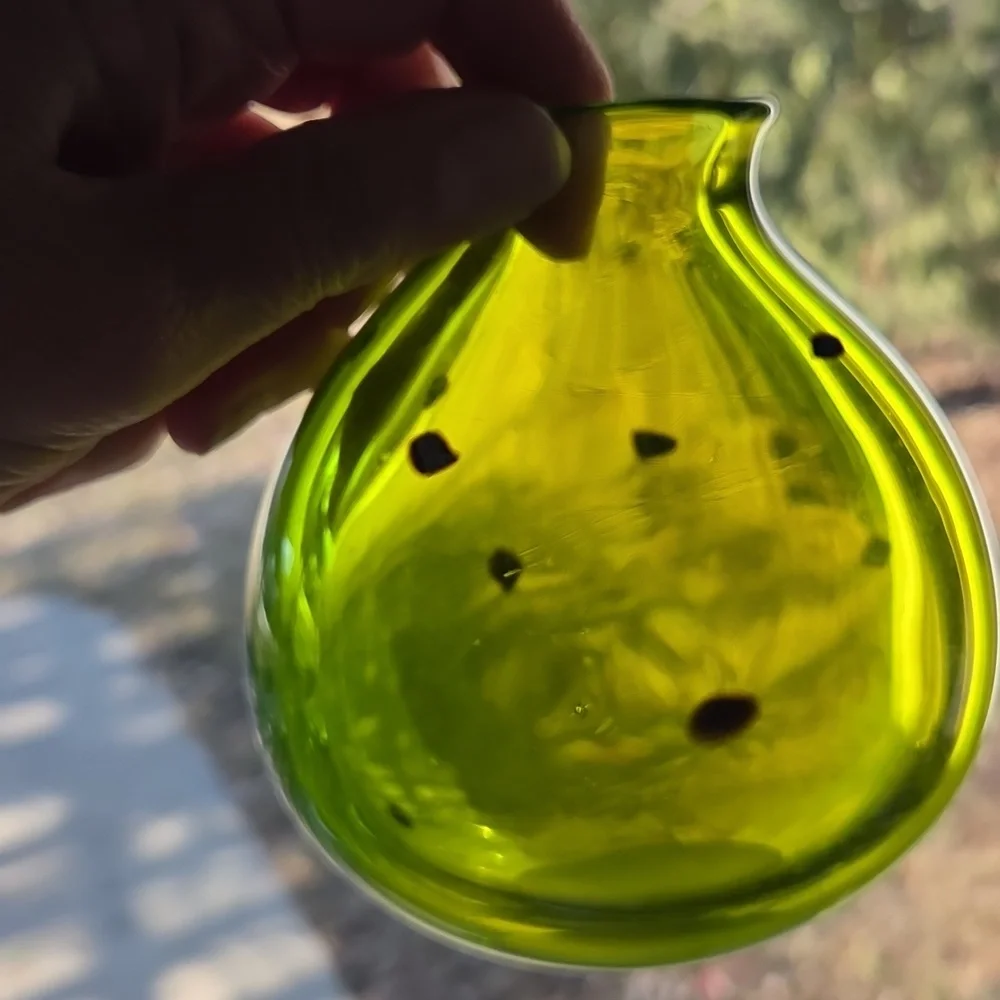 Sharon Fujimoto Handblown Sign Art Green Glass Flakes Bud Vase Vintage Japanese